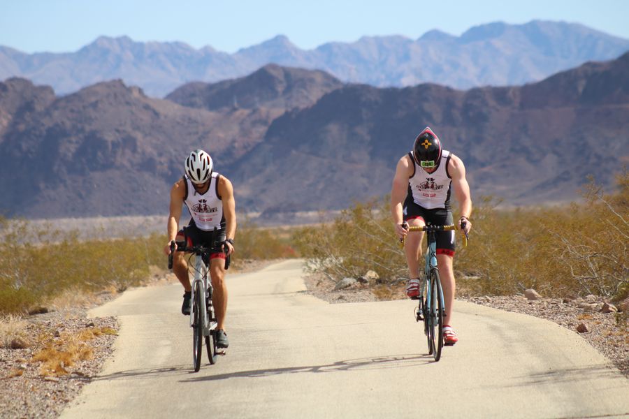 Colin and Philip clipping into their bikes at the Pumpkinman Triathlon